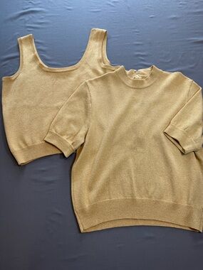 St. John Gold Knit Tank & Short Sleeve Top Set